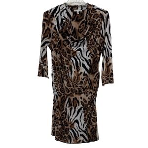CHAUS NEW YORK Womens XL Cowl Neck Ruched Sheath Dress Animal Print
